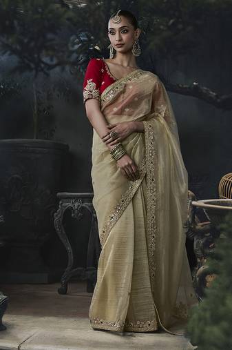 Beige tissue silk blend embroidered saree with red blouse