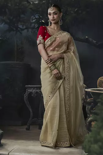 Beige tissue silk blend embroidered saree with red blouse