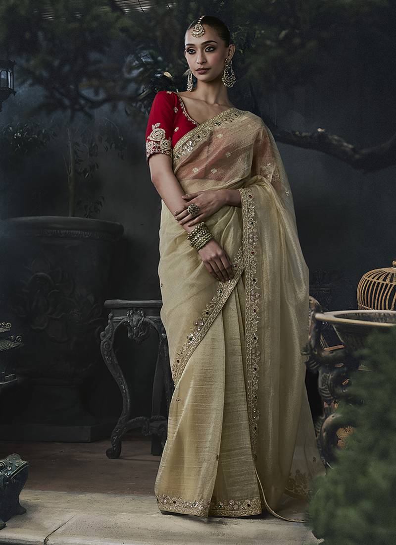 Beige tissue silk blend embroidered saree with red blouse