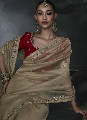 Beige tissue silk blend embroidered saree with red blouse 2