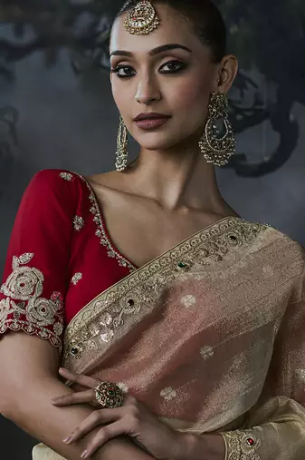 Beige tissue silk blend embroidered saree with red blouse
