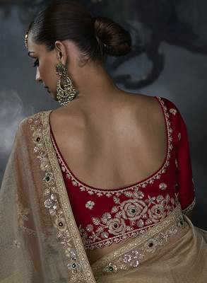 Beige tissue silk blend embroidered saree with red blouse 4