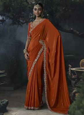 Orange tissue silk blend embroidered saree with blouse 1