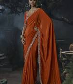 Orange tissue silk blend embroidered saree with blouse