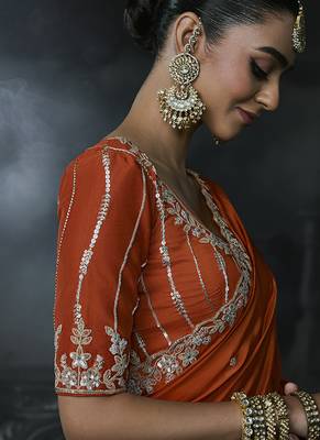 Orange tissue silk blend embroidered saree with blouse 2