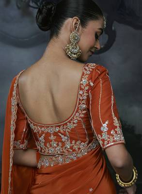 Orange tissue silk blend embroidered saree with blouse 3