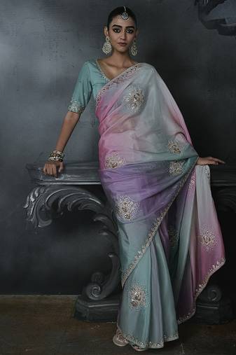 Multicolor tissue silk blend embroidered saree with sea green blouse