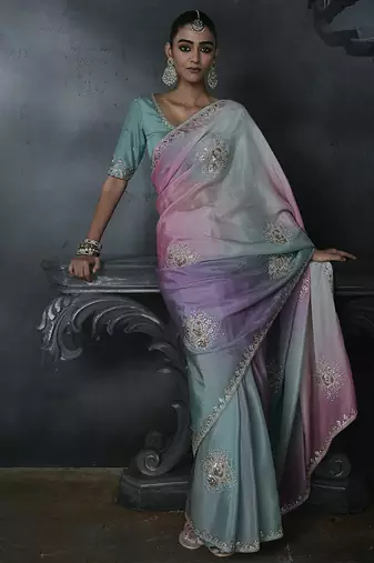 Multicolor tissue silk blend embroidered saree with sea green blouse