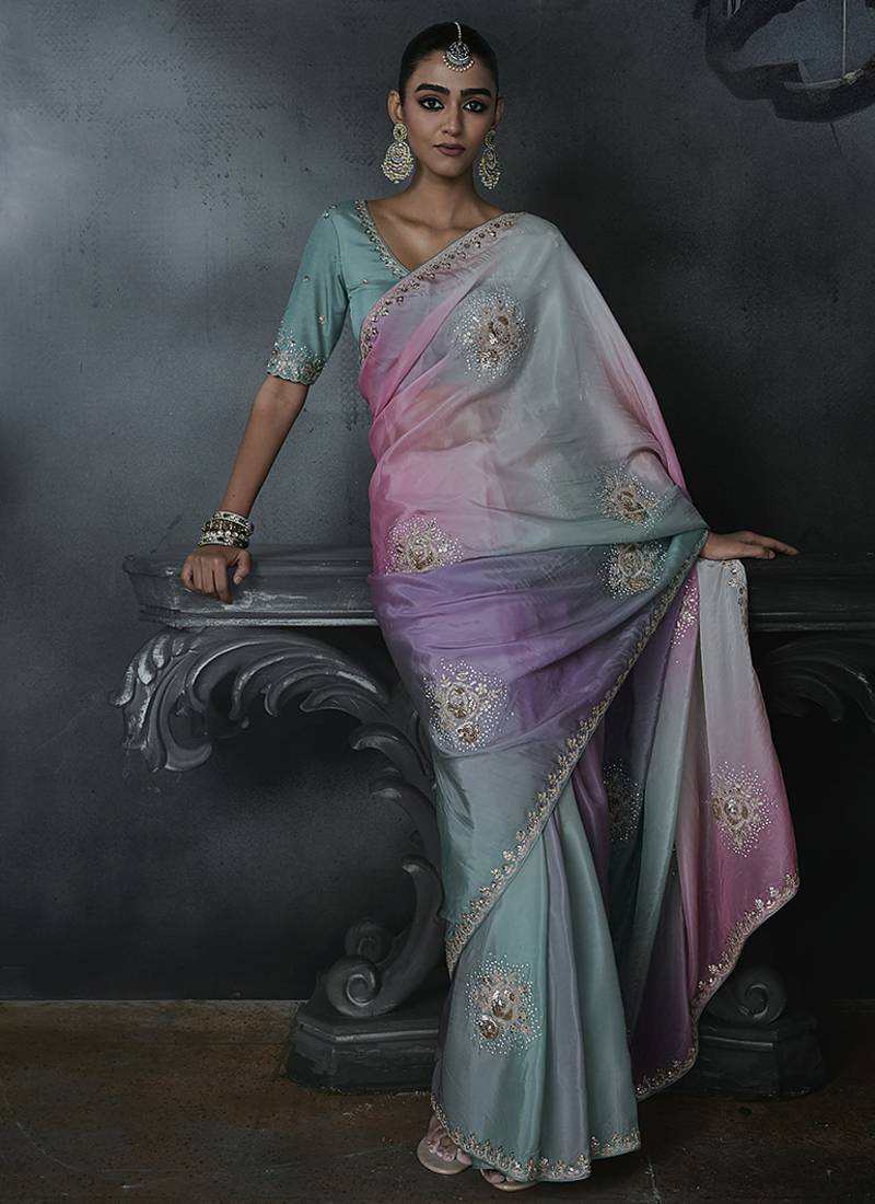 Multicolor tissue silk blend embroidered saree with sea green blouse