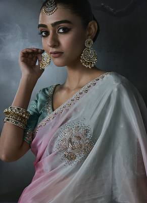 Multicolor tissue silk blend embroidered saree with sea green blouse 2