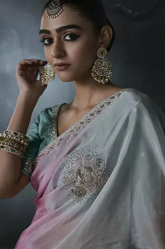 Multicolor tissue silk blend embroidered saree with sea green blouse