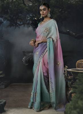 Multicolor tissue silk blend embroidered saree with sea green blouse 3