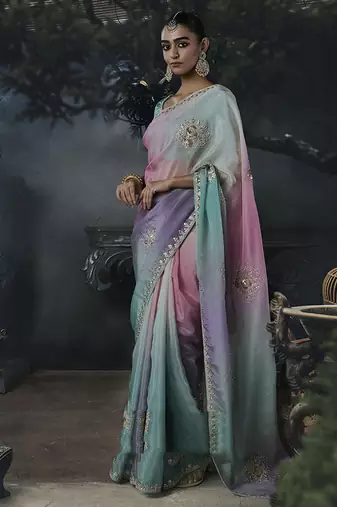 Multicolor tissue silk blend embroidered saree with sea green blouse