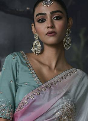 Multicolor tissue silk blend embroidered saree with sea green blouse 4