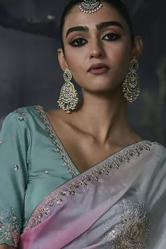 Multicolor tissue silk blend embroidered saree with sea green blouse