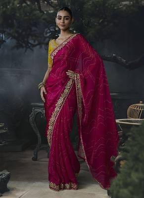 Rani pink tissue silk blend embroidered saree with mustard yellow blouse 1
