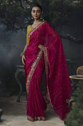 Rani pink tissue silk blend embroidered saree with mustard yellow blouse