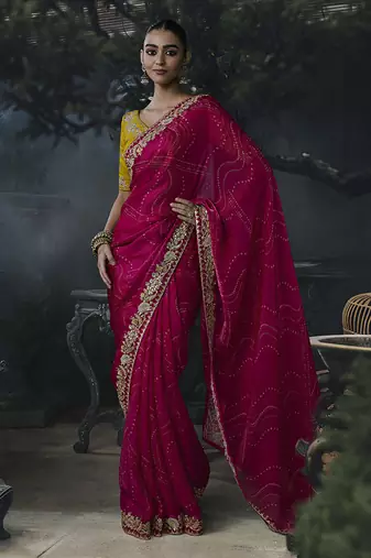 Rani pink tissue silk blend embroidered saree with mustard yellow blouse