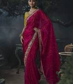 Rani pink tissue silk blend embroidered saree with mustard yellow blouse