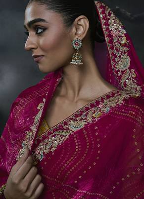 Rani pink tissue silk blend embroidered saree with mustard yellow blouse 2