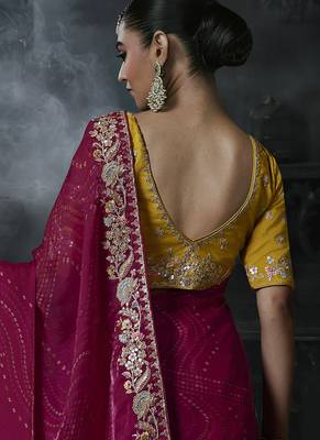 Rani pink tissue silk blend embroidered saree with mustard yellow blouse 3