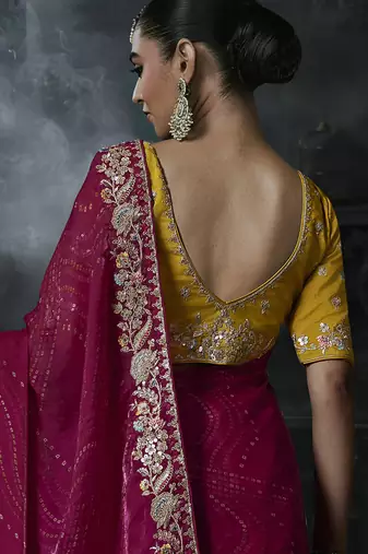 Rani pink tissue silk blend embroidered saree with mustard yellow blouse