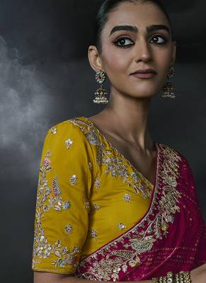 Rani pink tissue silk blend embroidered saree with mustard yellow blouse 4