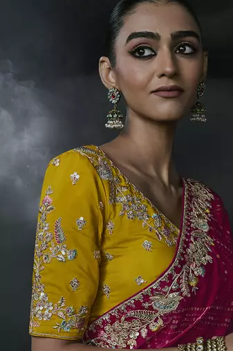 Rani pink tissue silk blend embroidered saree with mustard yellow blouse