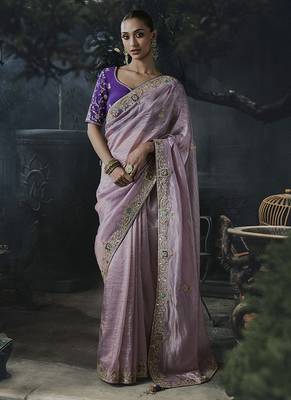 Lilac tissue silk blend embroidered saree with purple blouse 1