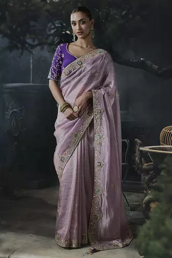 Lilac tissue silk blend embroidered saree with purple blouse