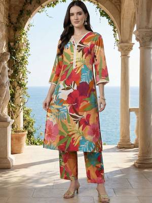 Women Floral Printed Regular  Cotton Kurta with Trousers 6