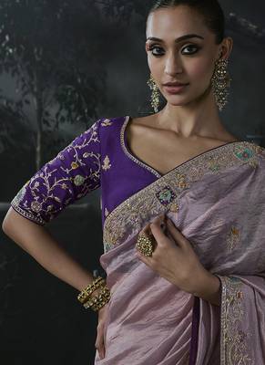 Lilac tissue silk blend embroidered saree with purple blouse 2