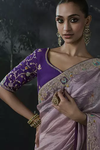 Lilac tissue silk blend embroidered saree with purple blouse