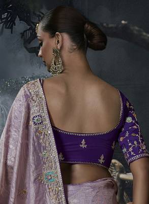 Lilac tissue silk blend embroidered saree with purple blouse 3