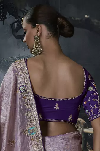 Lilac tissue silk blend embroidered saree with purple blouse