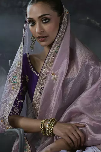 Lilac tissue silk blend embroidered saree with purple blouse