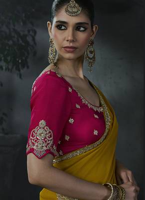 Mustard yellow tissue silk blend embroidered saree with rani pink blouse 4