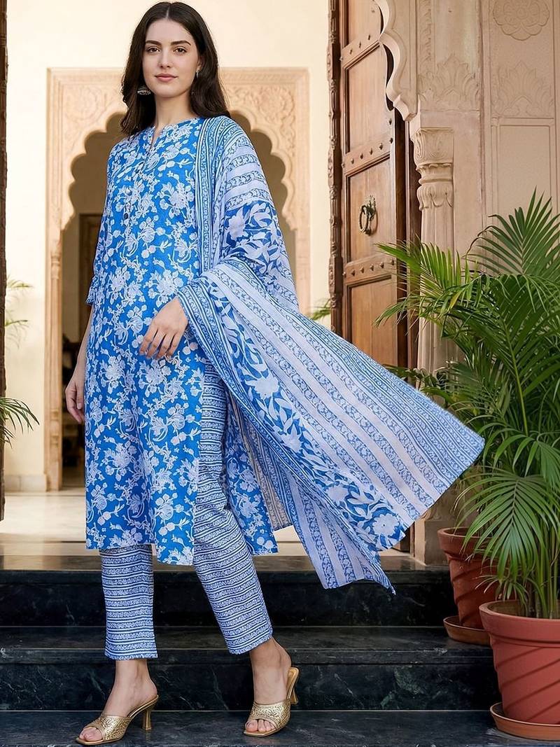 Women Floral Printed Regular Pure Cotton Kurta with Trousers & With Dupatta