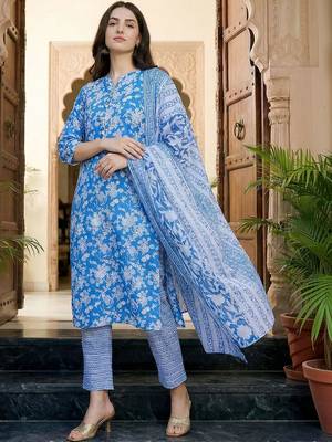 Women Floral Printed Regular  Cotton Kurta with Trousers & With Dupatta 5
