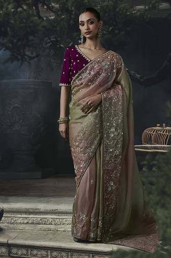 Olive green and mauve pink tissue silk blend embroidered saree with dark purple blouse