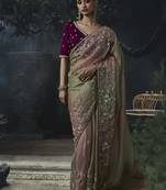 Olive green and mauve pink tissue silk blend embroidered saree with dark purple blouse