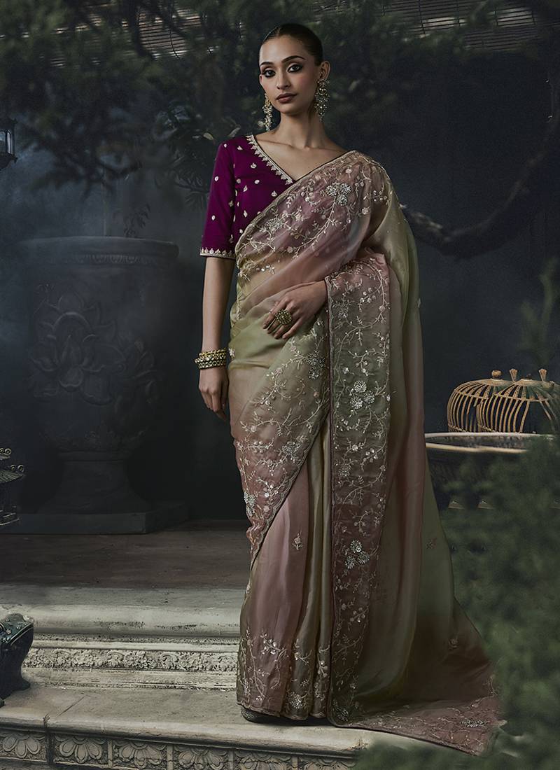 Olive green and mauve pink tissue silk blend embroidered saree with dark purple blouse