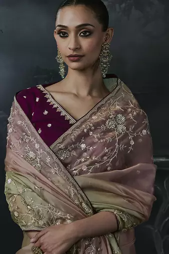 Olive green and mauve pink tissue silk blend embroidered saree with dark purple blouse