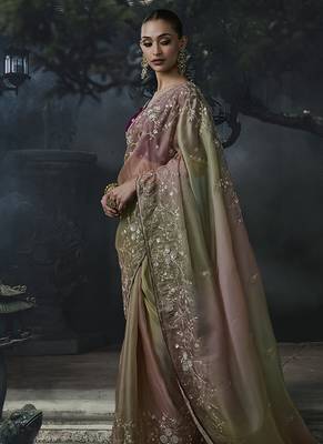 Olive green and mauve pink tissue silk blend embroidered saree with dark purple blouse 3