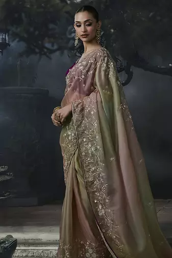 Olive green and mauve pink tissue silk blend embroidered saree with dark purple blouse