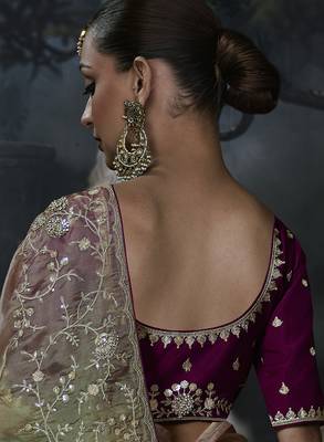 Olive green and mauve pink tissue silk blend embroidered saree with dark purple blouse 4