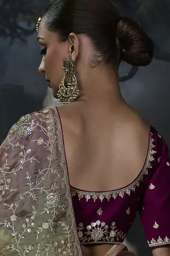 Olive green and mauve pink tissue silk blend embroidered saree with dark purple blouse