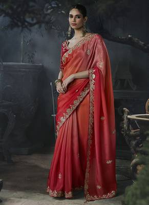 Multicolor tissue silk blend embroidered saree with crimson red blouse 1