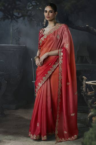 Multicolor tissue silk blend embroidered saree with crimson red blouse