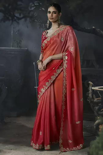 Multicolor tissue silk blend embroidered saree with crimson red blouse